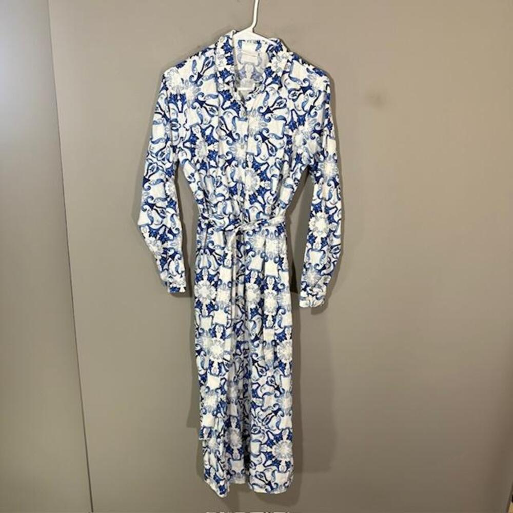 J Jill Shirt Dress Womens Small Blue Floral Belted Collared Long Sleeve Midi